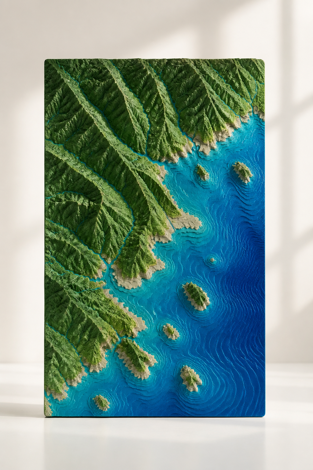 Relief 3D côtier vert et bleu présenté comme objet décoratif.