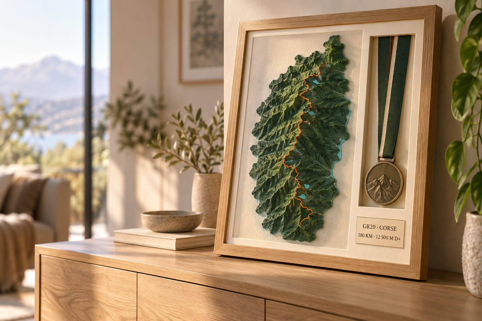 Trophée Finisher encadré avec relief 3D du GR20, parcours orange et médaille.