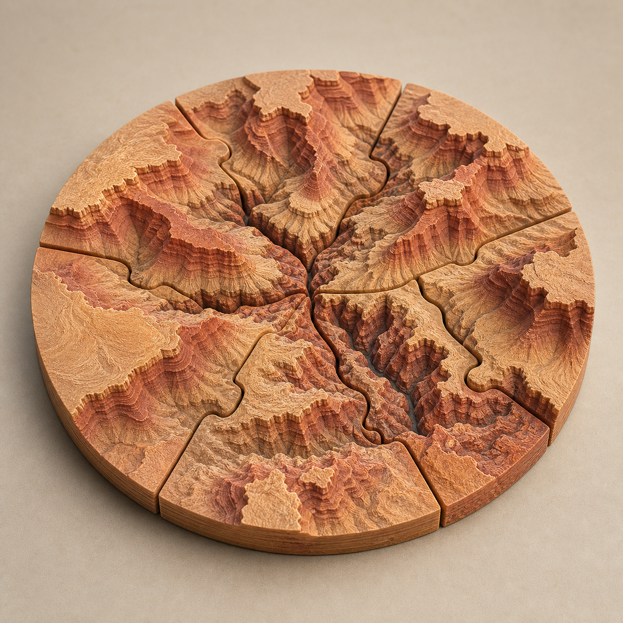 Impression ronde de démonstration du Grand Canyon en tons grès avec coutures radiales visibles.